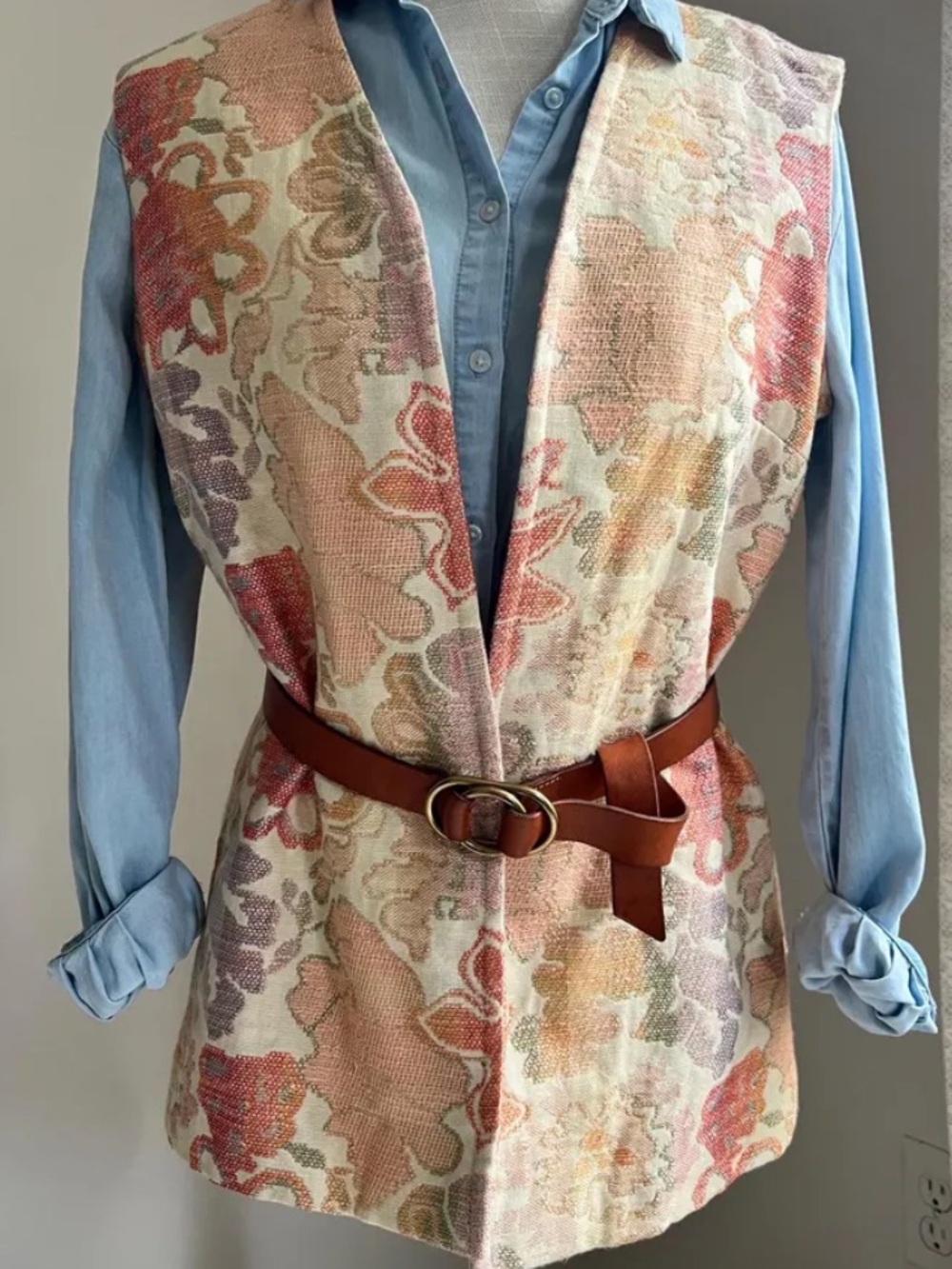 Vintage Floral Patchwork Vest in Peach and Cream
